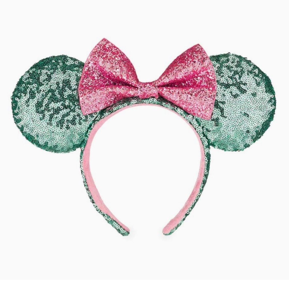 Disney parks official mint green and pink sequin Minnie Mouse bow ears headband